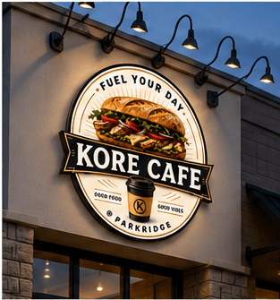 The Kore Cafe badge lit above the entrance at dusk.